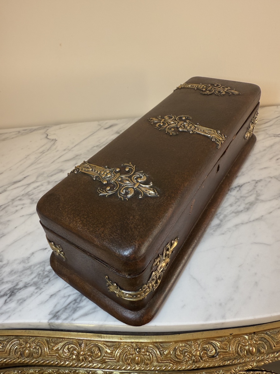 Coffret Boîte à Gants Napoléon III en Cuir et tissu Capitonnée, Fleur de Lys - XIXe-photo-5