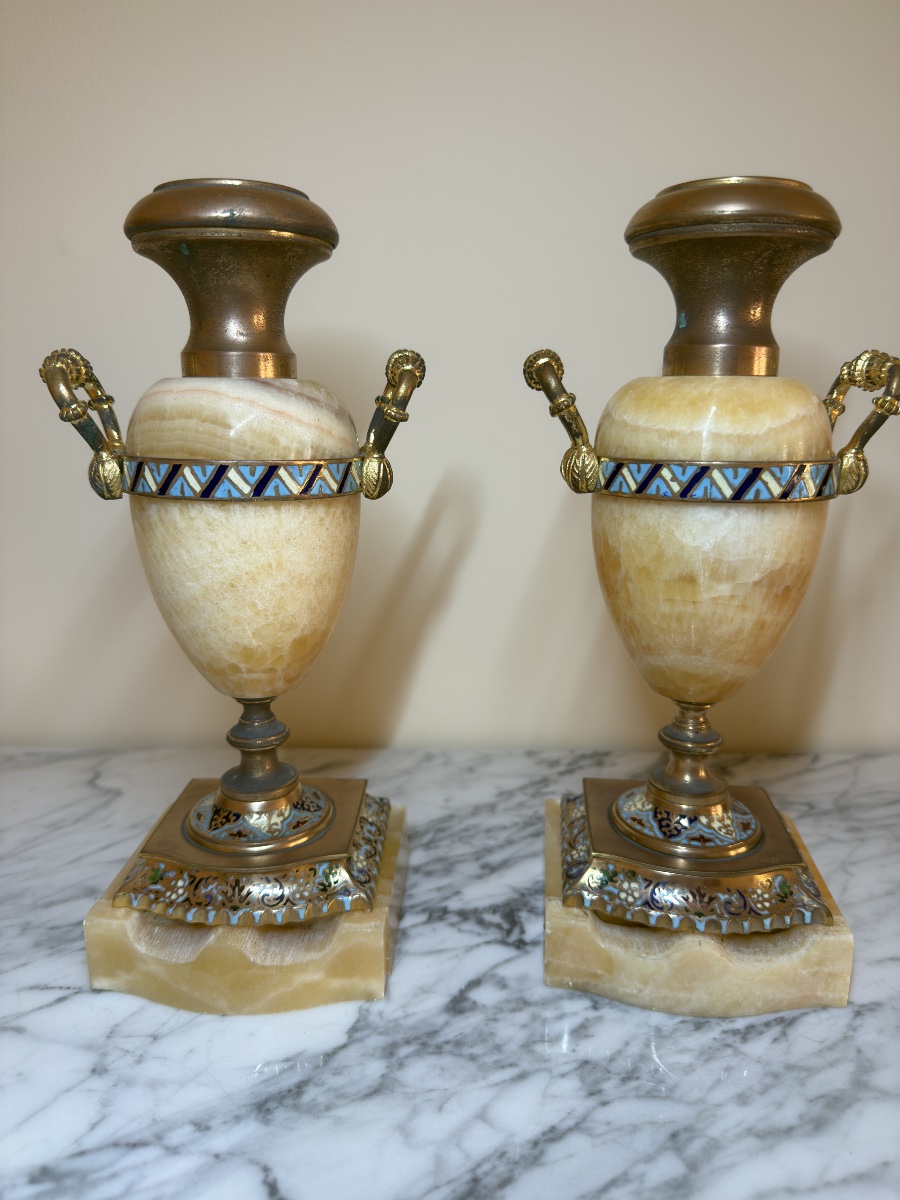 Pair Of Cassolete Vases Made Of Onyx With Polychrome Cloisonné Champlevé Enamel, Napoleon III Period-photo-2