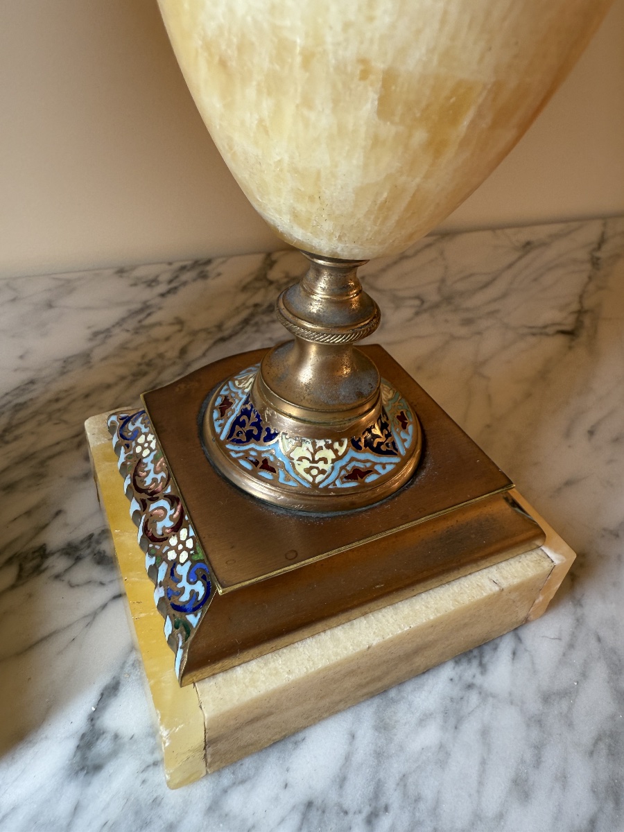 Pair Of Cassolete Vases Made Of Onyx With Polychrome Cloisonné Champlevé Enamel, Napoleon III Period-photo-4
