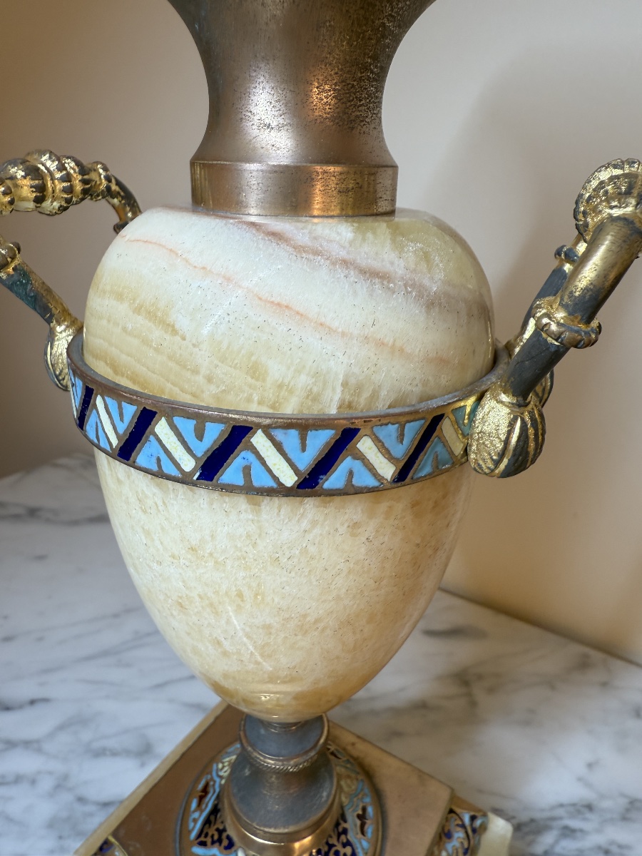 Pair Of Cassolete Vases Made Of Onyx With Polychrome Cloisonné Champlevé Enamel, Napoleon III Period-photo-1