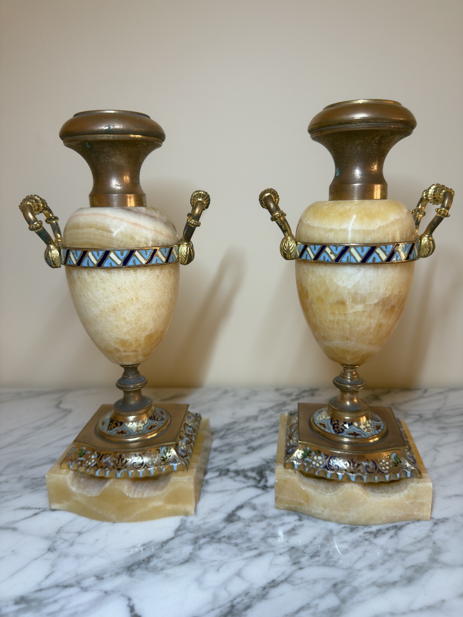 Pair Of Cassolete Vases Made Of Onyx With Polychrome Cloisonné Champlevé Enamel, Napoleon III Period