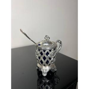 Moutardier En Argent Massif Doublé De Verre Bleu-cobalt, Poinçon Minerve, Style Louis XVI