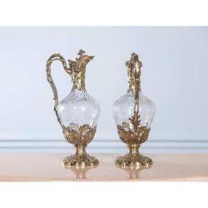 Pair Of Silver And Crystal Ewers Or Carafes.