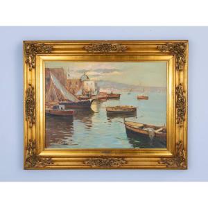 Port De Pêche En Méditerrannée. Huile Sur Toile  Signée S. Castellano