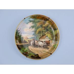 Plat,  Assiette Porcelaine De Paris Berger Et Vaches, Scène De Genre Campagnarde , Signé