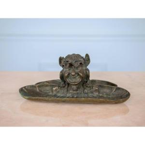 Encrier De Bureau En Bronze , Sculpture Gothique, Diable, Gobelin, Gargouille