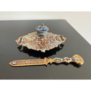 Cloisonné Bronze Inkwell And Letter Opener