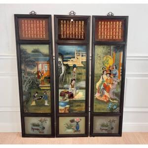 Screen Or Wall Panels, Paintings Fixed Under Glass China, Qing Dynasty, Late 19th Century