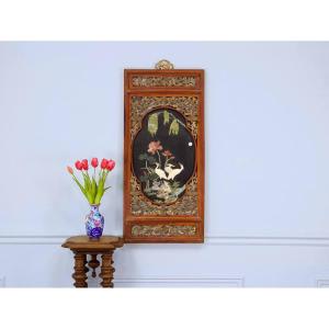 Asian Carved Wood Wall Panel, Stone Inlay, China Or Vietnam