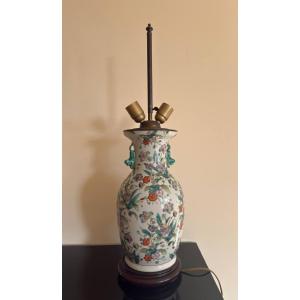 Baluster Vase With Flared Neck, In Porcelain And Polychrome Enamels Mounted As A Lamp