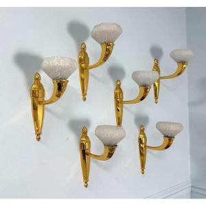 Appliques murales d'époque Art Deco Verre moucheté blanc,SCHNEIDER, Montures en bronze