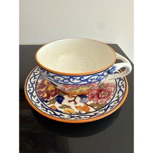 Tasse & soucoupe déjeuner PIVOINES, FAÏENCERIE DE GIEN 
