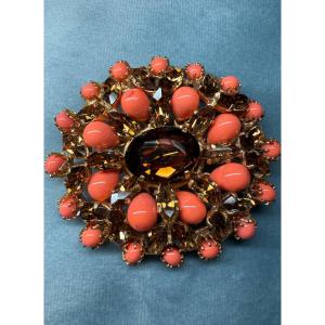 Coral And Rhinestone Art Glass Brooch