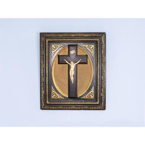 Crucifix dans son cadre d'époque -Ivoire, Bois