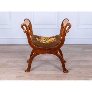 19th-century Curule Stool - Lion's Paw Feet And Swan's Neck Uprights