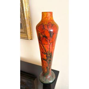 Legras, Enameled Glass Vase "poppy" 45 Cm