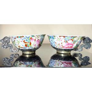 Deux TASSES À THÉ EN PORCELAINE DE CHINE ET ARGENT MASSIF INDOCHINE VIETNAM