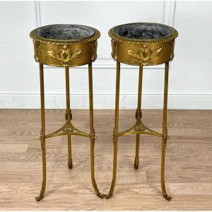 Pair Of Bronze And Brass Floor-standing Planters
