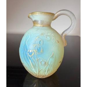 Daum Nancy: Handled Bottle With Acid-etched Decoration And Gilded Rim.