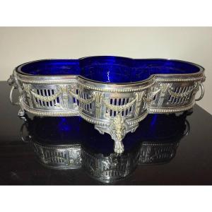 Ancien Centre de Table Jardinière WMF Style Louis XVI – Métal Argenté & Verre Bleu Cobalt c.190