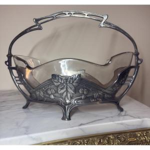 Art Nouveau-style Centerpiece Or Basket With Handles, Silver-plated Metal, Manufacture Minerva