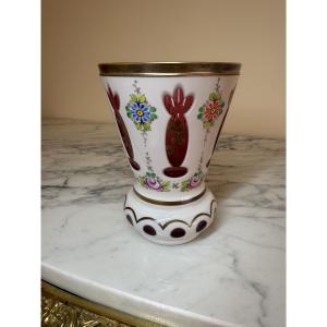 Antique Bohemian Crystal Vase Attributed To Moser – Opaline And Ruby-red Hand-enameled Overlay