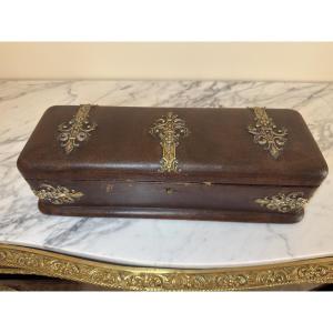 Coffret Boîte à Gants Napoléon III en Cuir et tissu Capitonnée, Fleur de Lys - XIXe