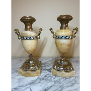 Pair Of Cassolete Vases Made Of Onyx With Polychrome Cloisonné Champlevé Enamel, Napoleon III Period