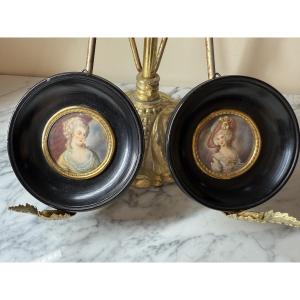 Pair Of Miniature Portraits Of Elegant Women – 19th Century