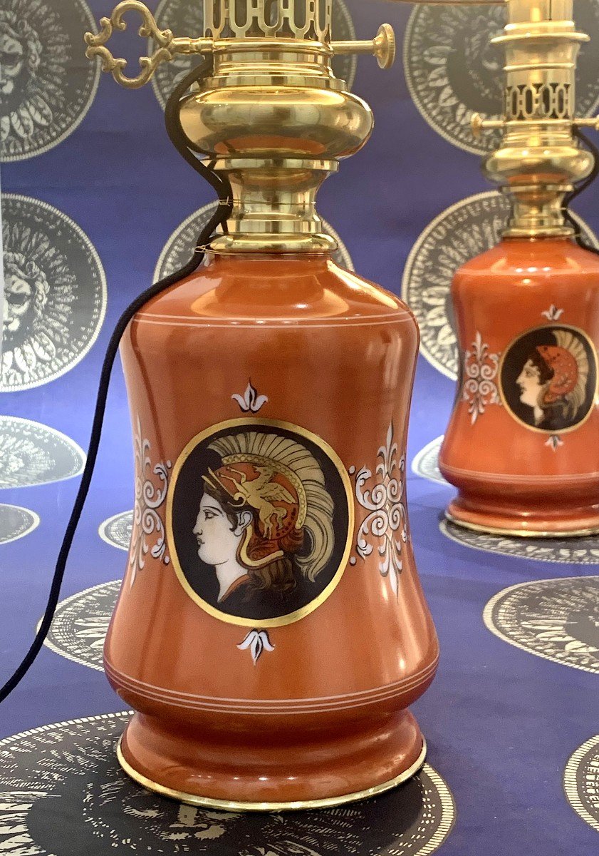 Pair Of 'pompeian' Red Ocher Porcelain Lamps With Antique Profiles XIXth Century-photo-3