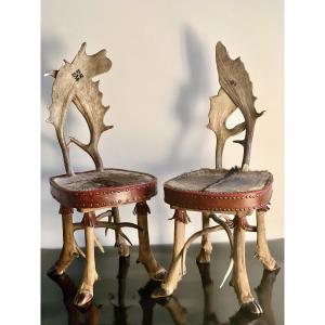 Pair Of Black Forest Style Moose Wooden Back Chairs