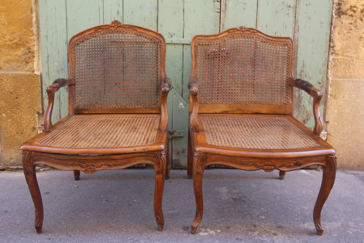 Paire de fauteuils cannés, époque Louis XV, estampillés Antoine Bonnemain, XVIIIe siècle.-photo-4