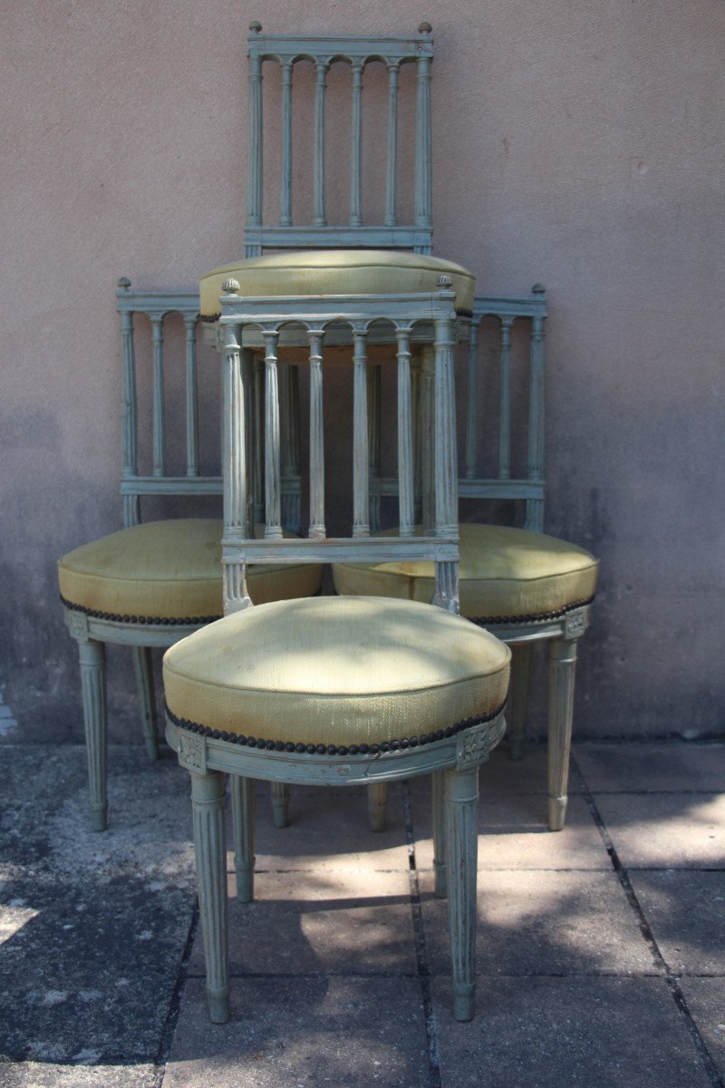 Set Of Four Trianon Gray Lacquered Chairs, Louis XVI Period, 18th Century.