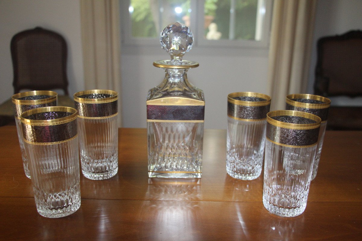 Set Of Six Whisky Glasses And Carafe, Saint-louis Crystal, Thistle Model, 20th Century.-photo-1
