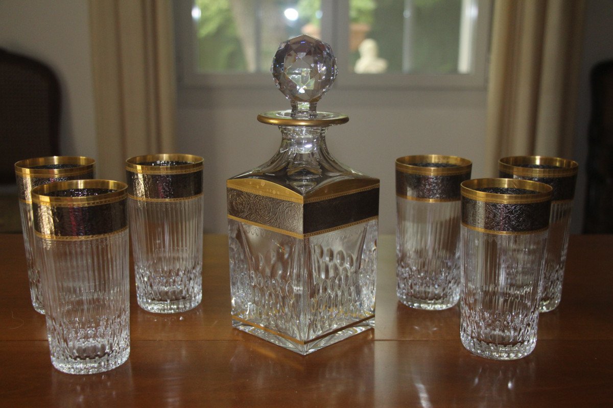 Set Of Six Whisky Glasses And Carafe, Saint-louis Crystal, Thistle Model, 20th Century.-photo-5