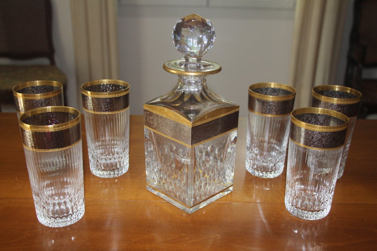 Set Of Six Whisky Glasses And Carafe, Saint-louis Crystal, Thistle Model, 20th Century.-photo-7