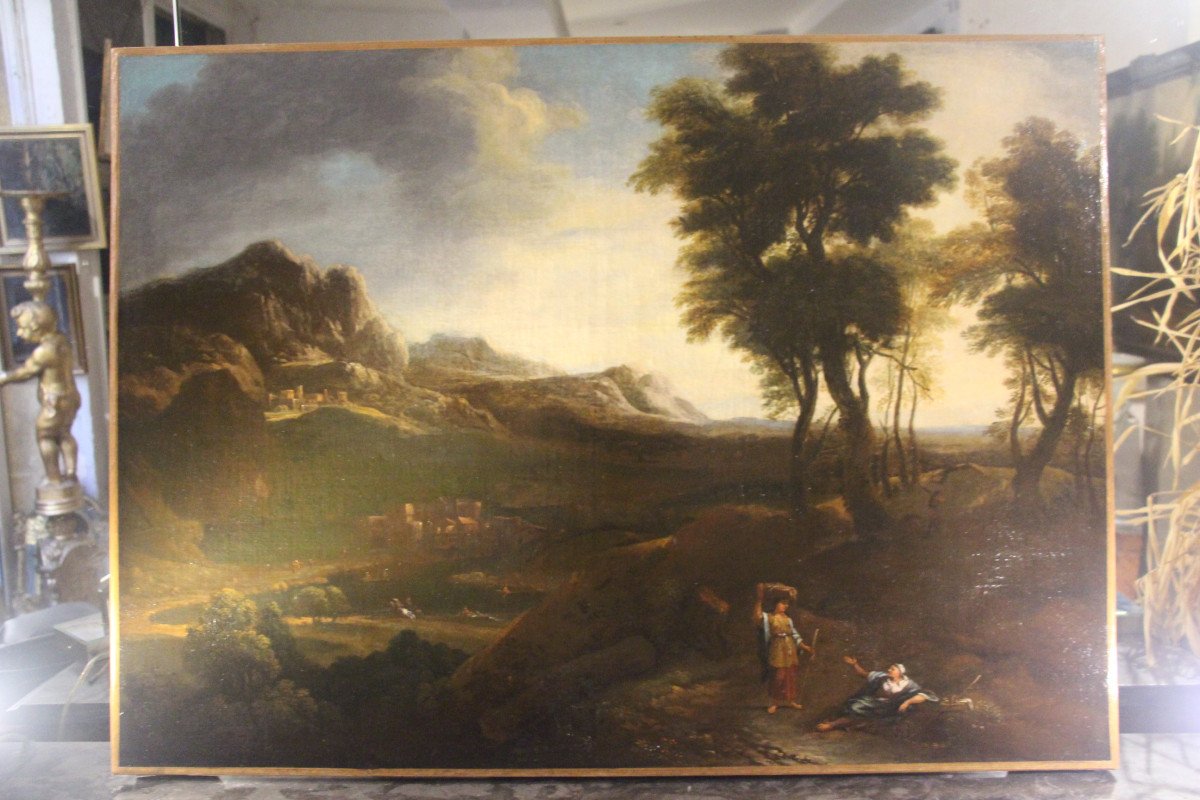 Landscape Animated With Characters And Architecture, Oil On Canvas, School Of Nicolas Poussin, XVII.