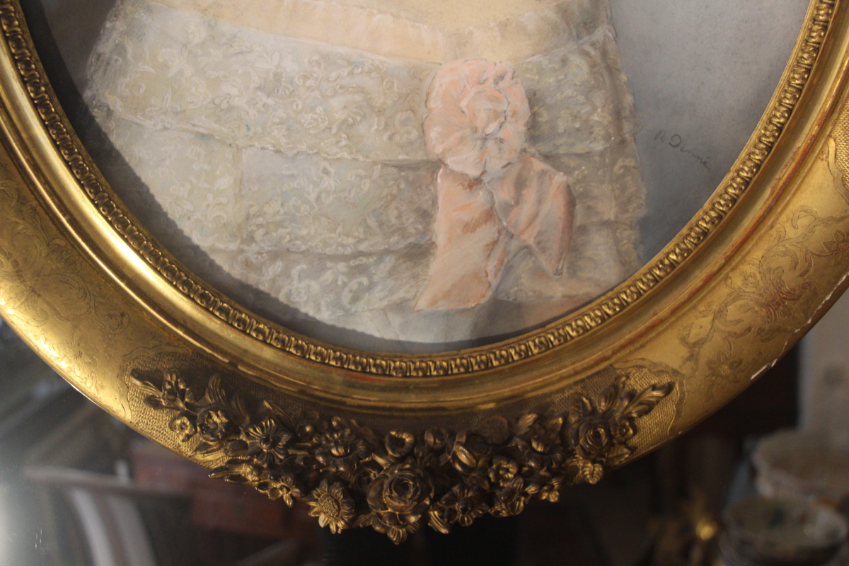 Pastel, portrait de dame de qualité, époque Restauration signé R. Denné-photo-1