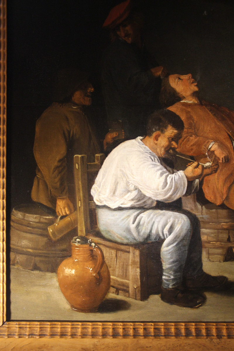 La taverne, huile sur panneau, école flamande, XVIIe siècle.-photo-2