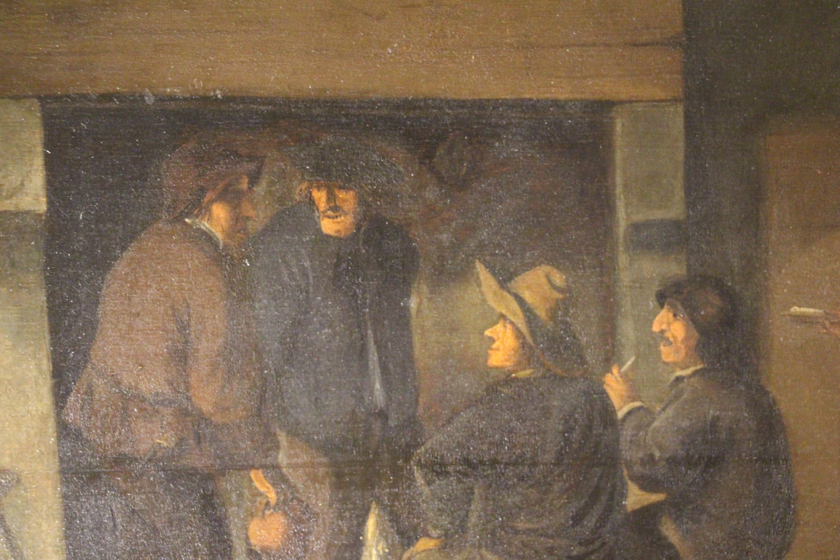 La taverne, huile sur panneau, école flamande, XVIIe siècle.-photo-3