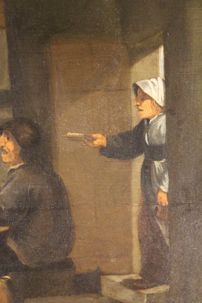 La taverne, huile sur panneau, école flamande, XVIIe siècle.-photo-1