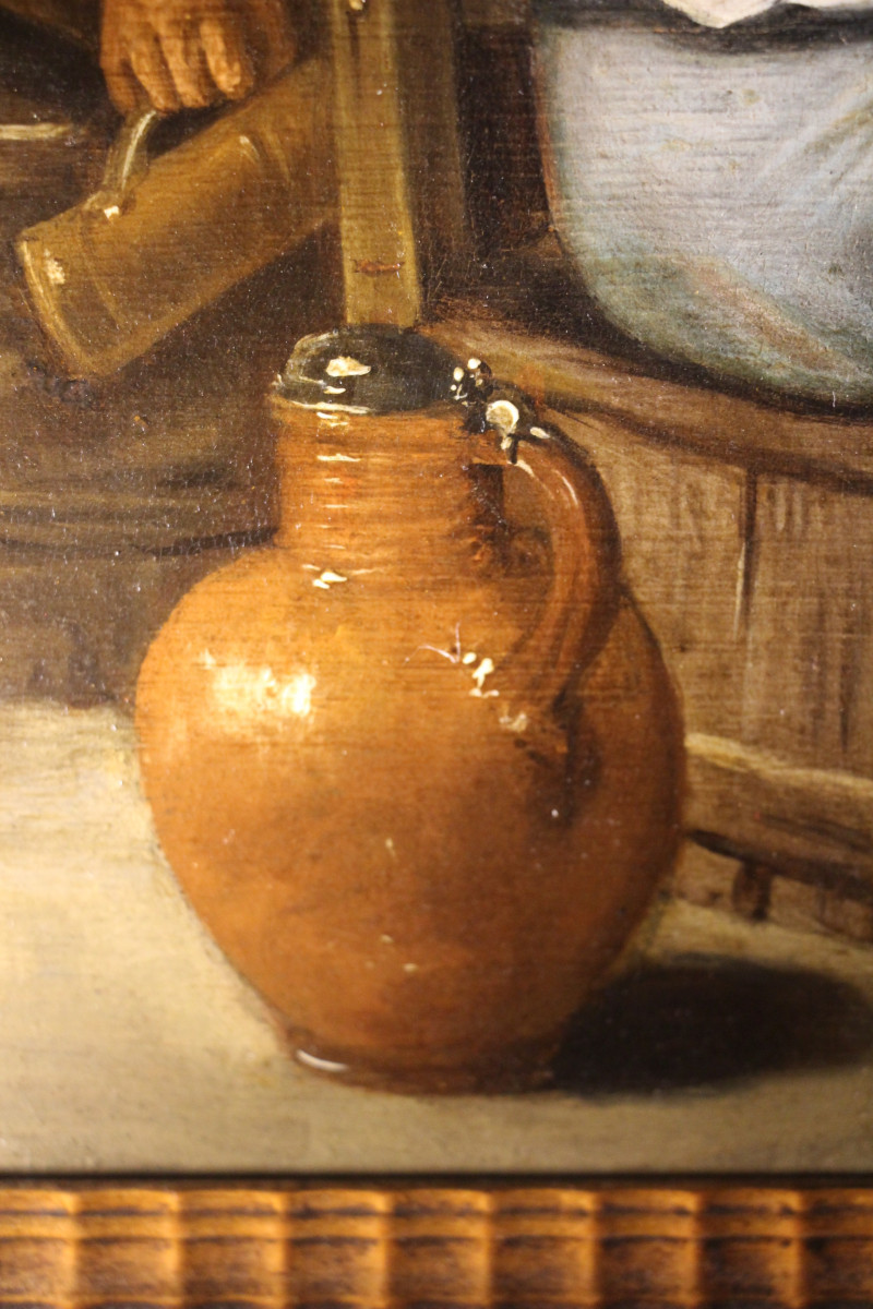 La taverne, huile sur panneau, école flamande, XVIIe siècle.-photo-4
