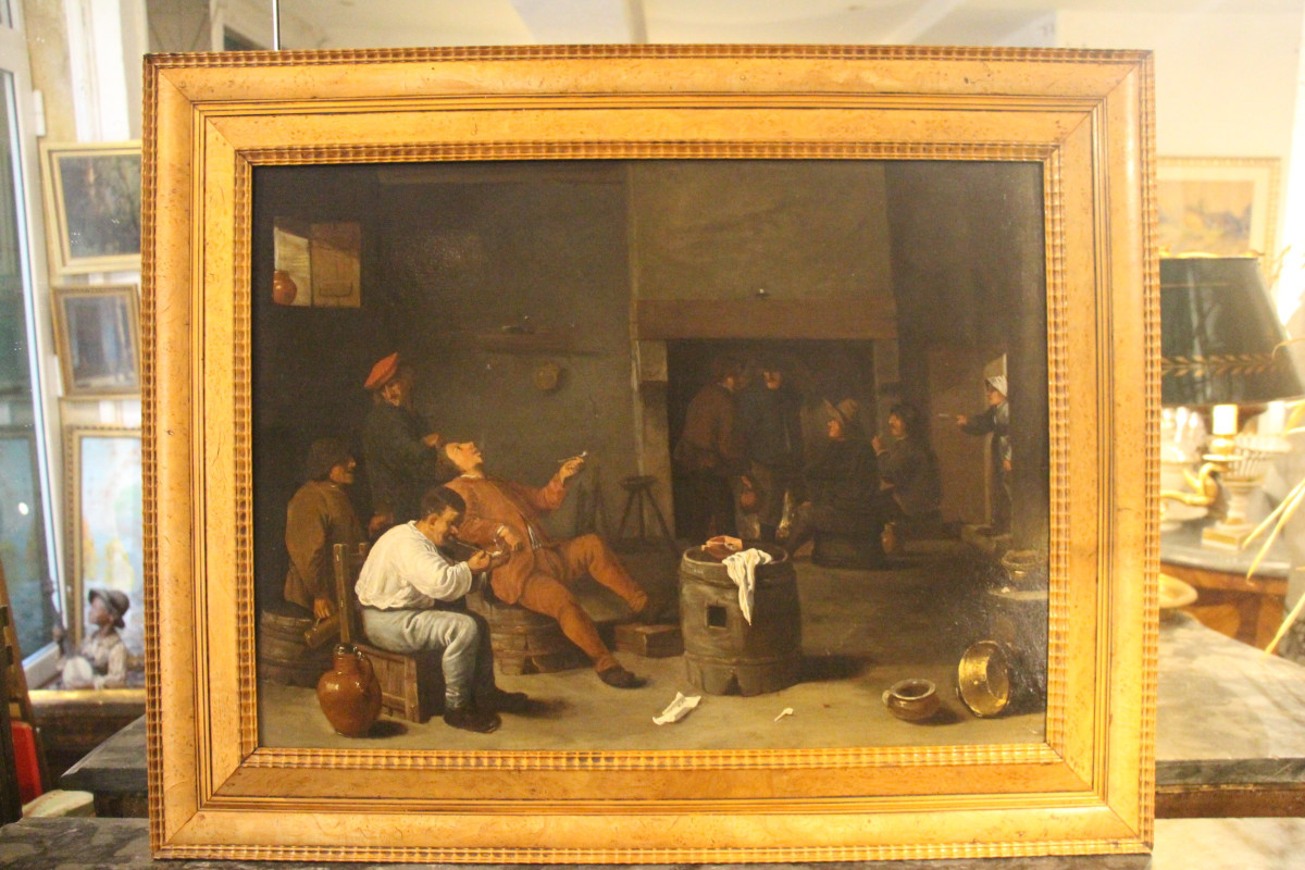 La taverne, huile sur panneau, école flamande, XVIIe siècle.-photo-5