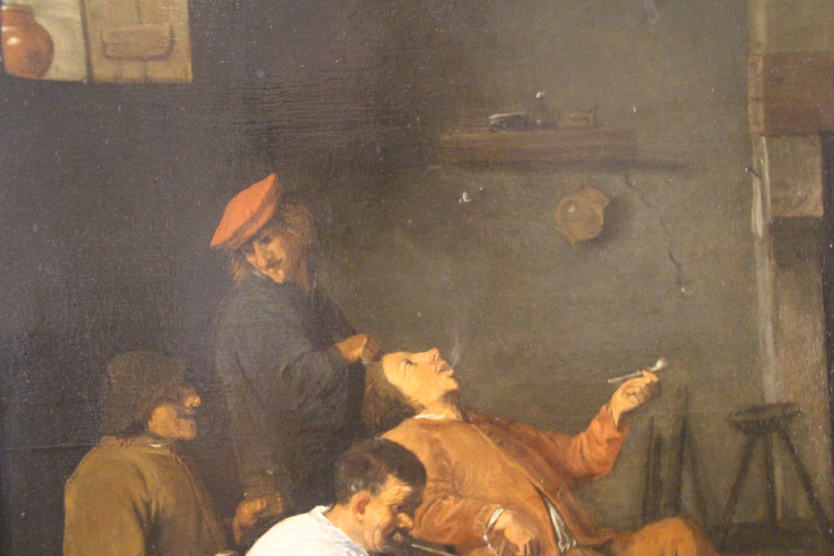La taverne, huile sur panneau, école flamande, XVIIe siècle.-photo-6