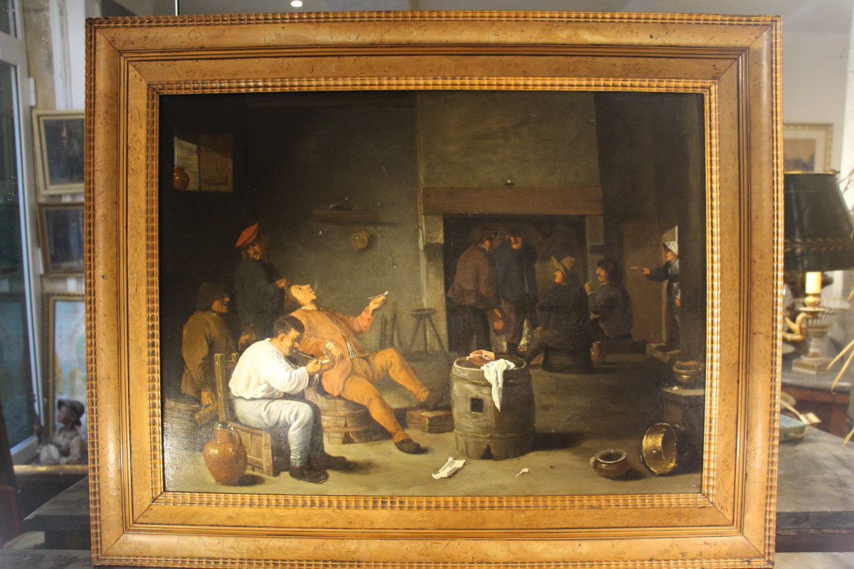 La taverne, huile sur panneau, école flamande, XVIIe siècle.