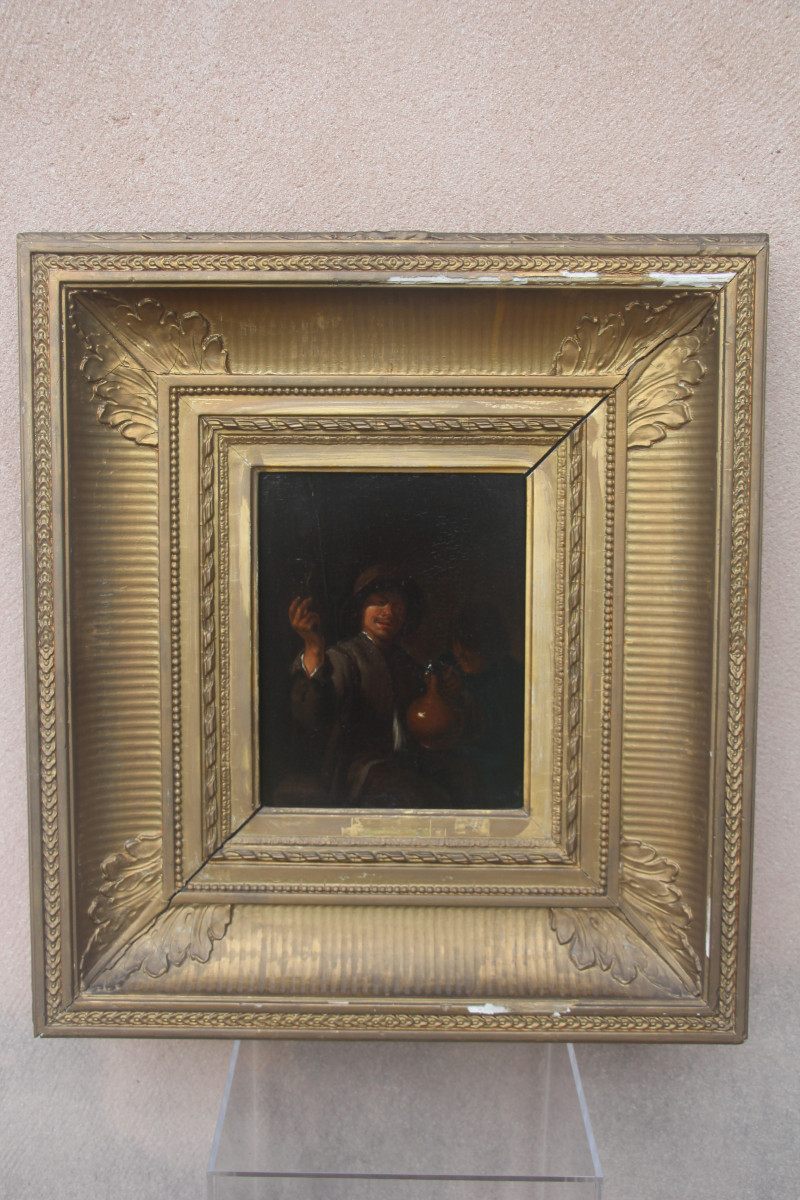 Un buveur, école flamande du XVIIe siècle, suiveur de Pieter Verelst, huile sur bois.
