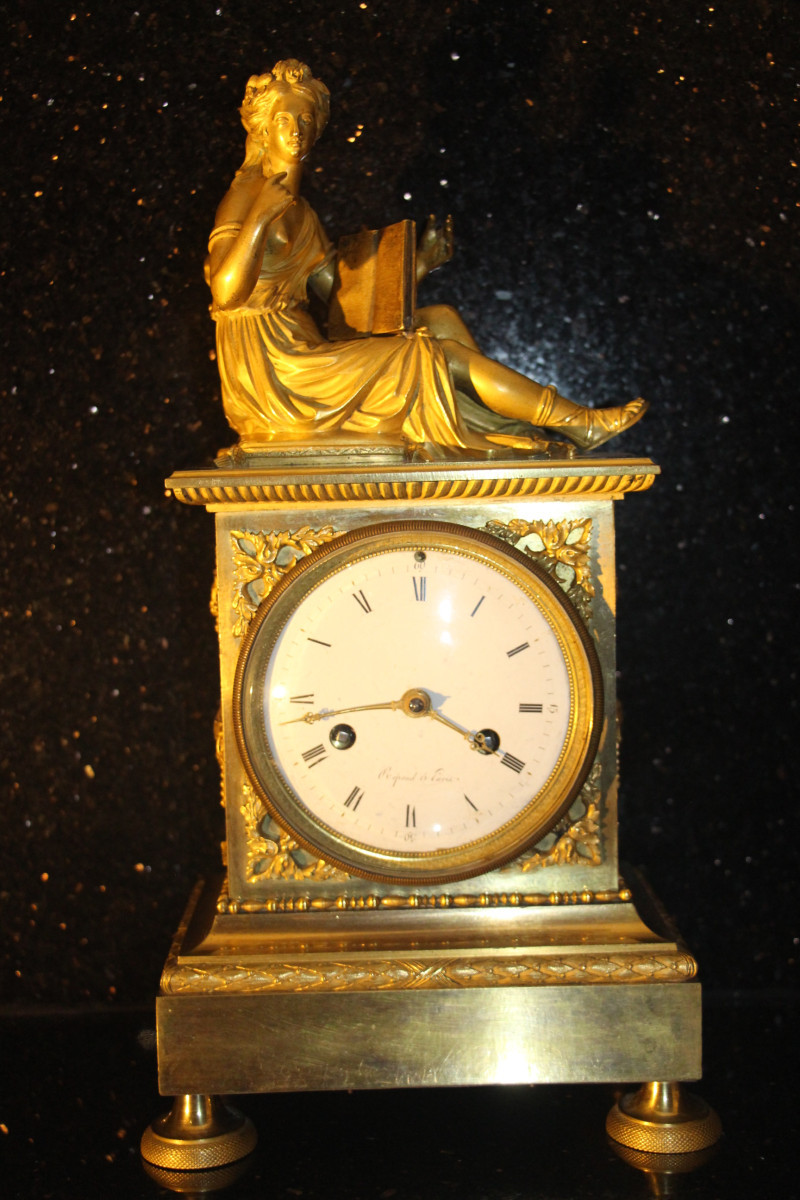 Allégorie de la poésie, pendule en bronze doré d'époque Empire, 1805, XIXe siècle.-photo-2