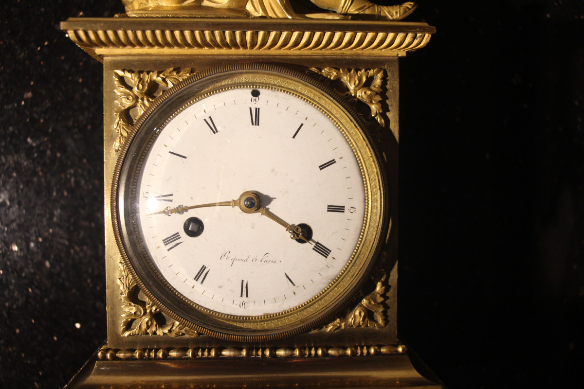 Allégorie de la poésie, pendule en bronze doré d'époque Empire, 1805, XIXe siècle.-photo-3