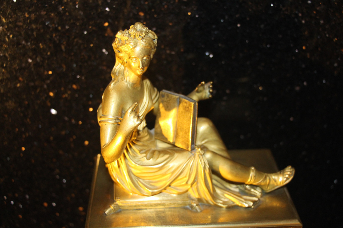 Allégorie de la poésie, pendule en bronze doré d'époque Empire, 1805, XIXe siècle.-photo-4