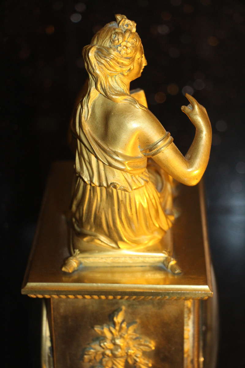 Allégorie de la poésie, pendule en bronze doré d'époque Empire, 1805, XIXe siècle.-photo-5